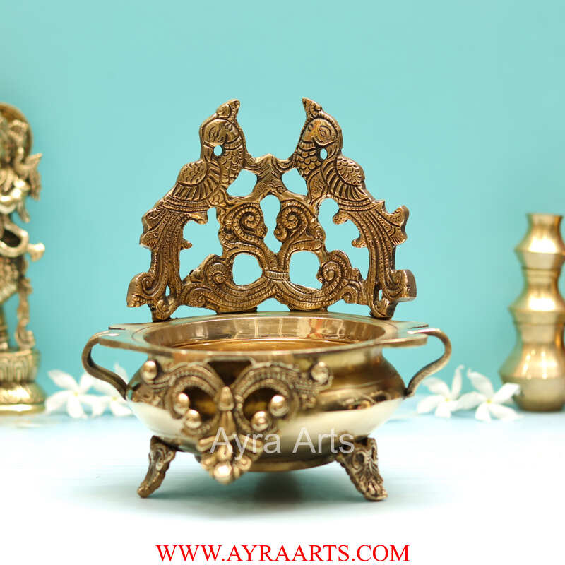 Brass Peacock Design Urli Decorative Bowl - 8 inch Height | Exquisite Brass Urli Decorative Bowl with Peacock Design for Grand Decor