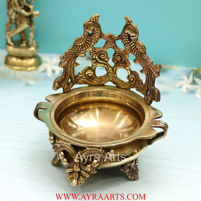 Brass Peacock Design Urli Decorative Bowl - 8 inch Height | Exquisite Brass Urli Decorative Bowl with Peacock Design for Grand Decor