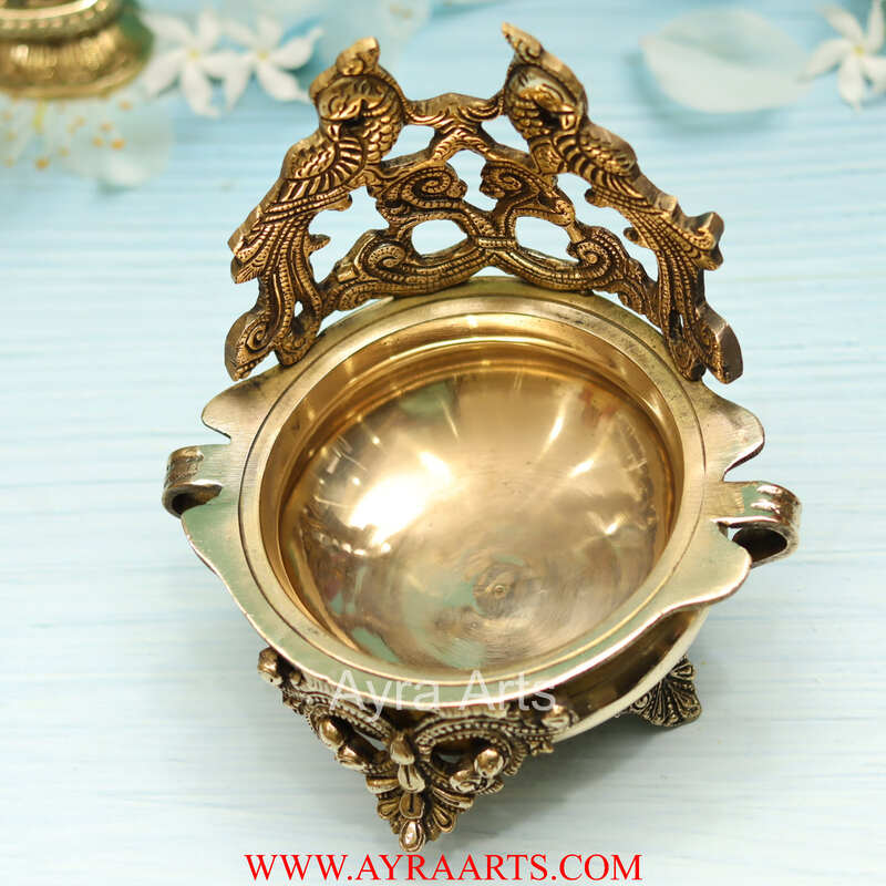 Brass Peacock Design Urli Decorative Bowl - 8 inch Height | Exquisite Brass Urli Decorative Bowl with Peacock Design for Grand Decor