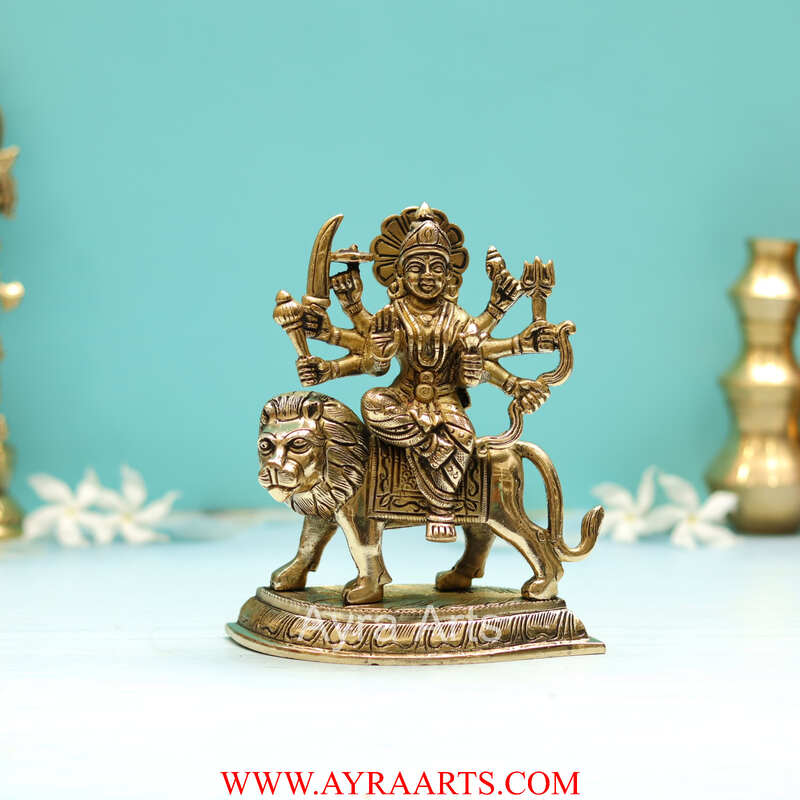 Handcrafted Goddess Durga idol in Pure Brass Devi Maa Sitting On The Lion - 5 Inch Height
