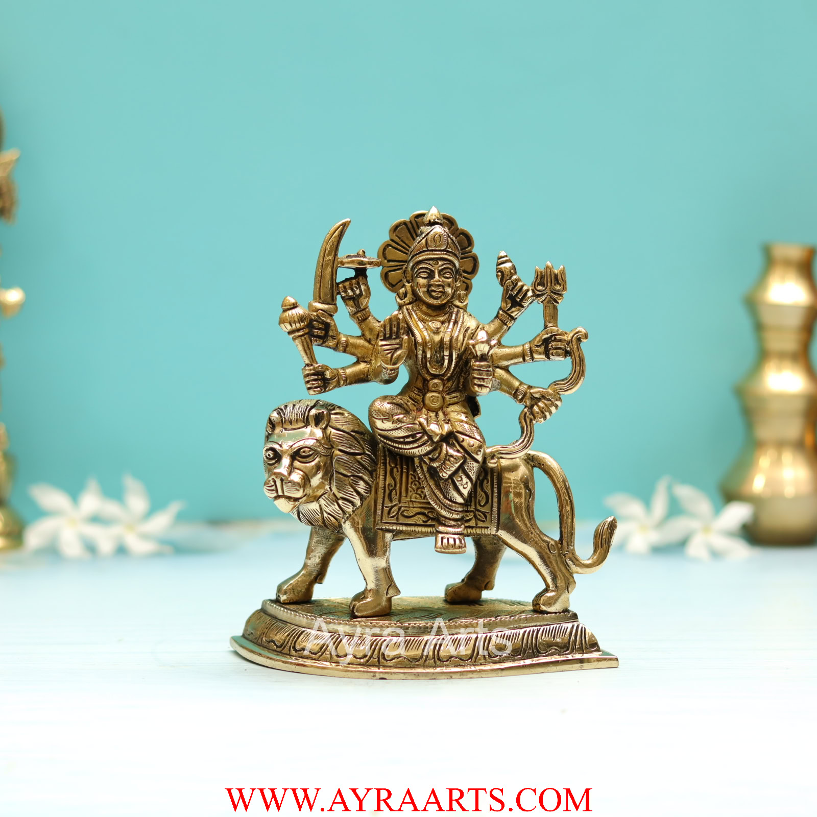 Handcrafted Goddess Durga idol in Pure Brass Devi Maa Sitting On The Lion - 6 Inch Height