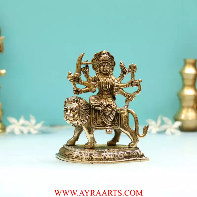 Handcrafted Goddess Durga idol in Pure Brass Devi Maa Sitting On The Lion - 6 Inch Height