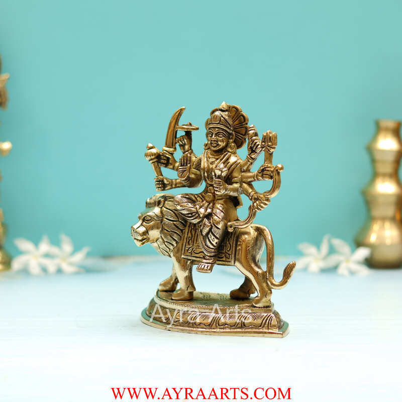 Handcrafted Goddess Durga idol in Pure Brass Devi Maa Sitting On The Lion - 5 Inch Height