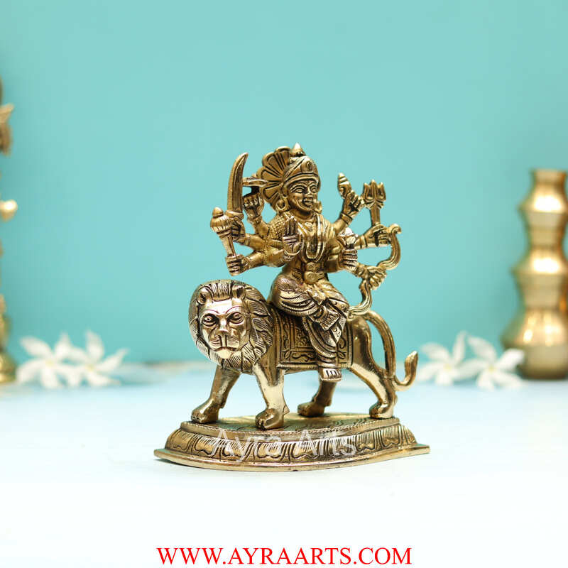 Handcrafted Goddess Durga idol in Pure Brass Devi Maa Sitting On The Lion - 5 Inch Height