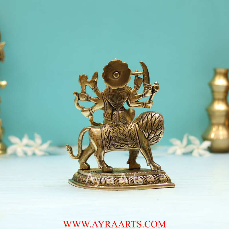 Handcrafted Goddess Durga idol in Pure Brass Devi Maa Sitting On The Lion - 6 Inch Height