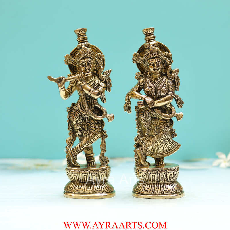 Brass Super Fine Radha Krishna Idol - 9 inch Height | Exquisite Brass Radha Krishna Statue with Fine Craftsmanship