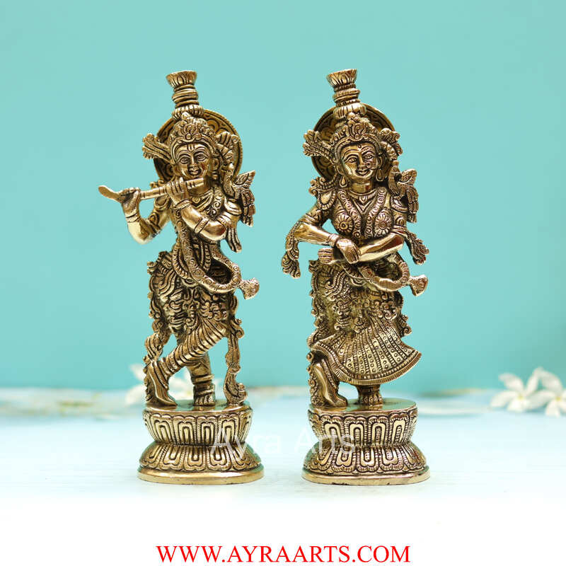 Brass Super Fine Radha Krishna Idol - 9 inch Height | Exquisite Brass Radha Krishna Statue with Fine Craftsmanship