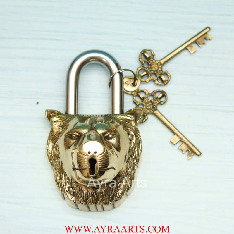 Brass Lion Face Design Lock - 5.5 inch Height