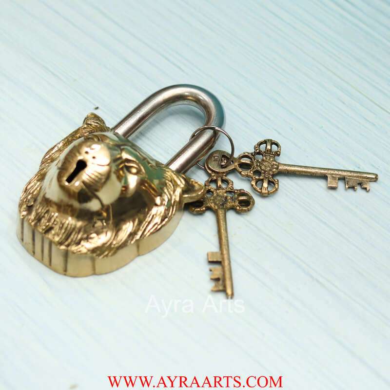 Brass Lion Face Design Lock - 5.5 inch Height