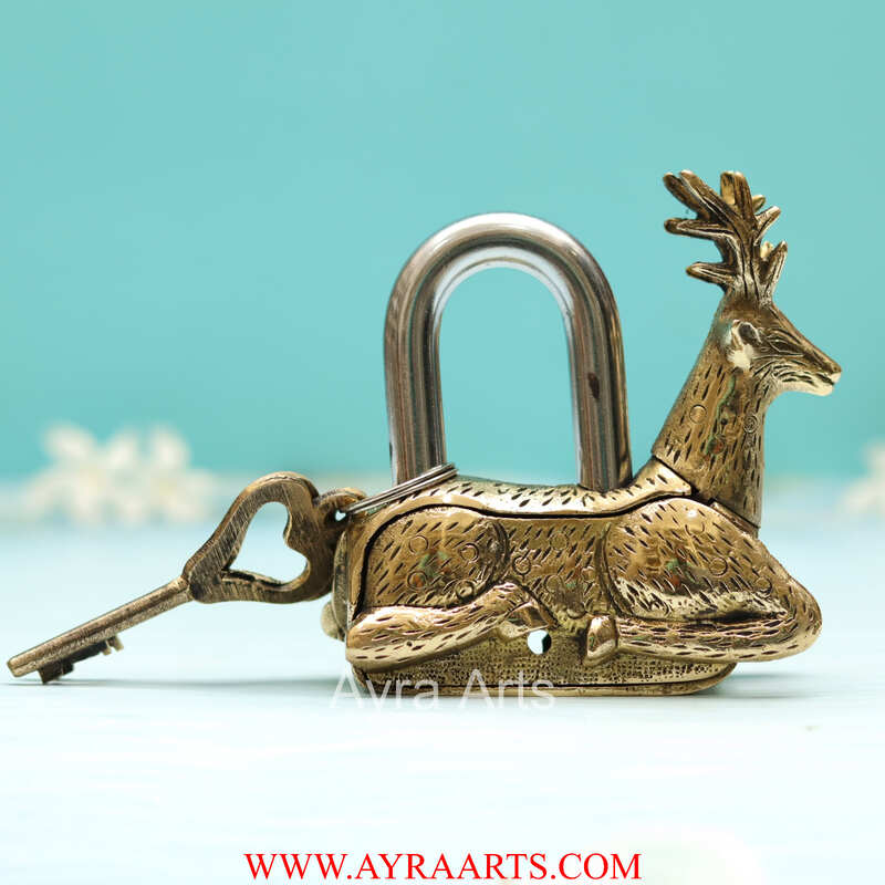 Brass Deer Design Lock - 4.5 inch Height