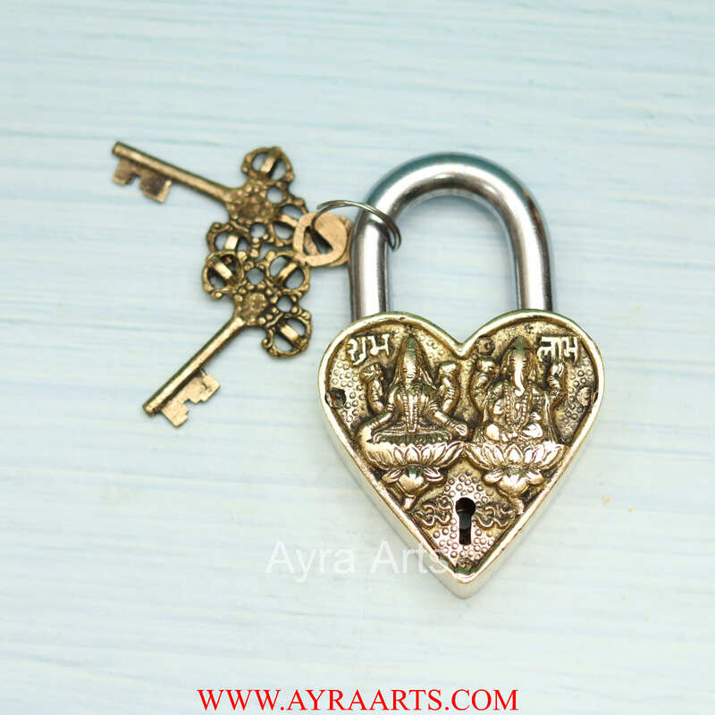 Subh Labh Brass Lakshmi Ganesh Door Lock in Heart Shape - 5 inch Height