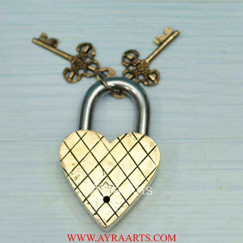 Subh Labh Brass Lakshmi Ganesh Door Lock in Heart Shape - 5 inch Height