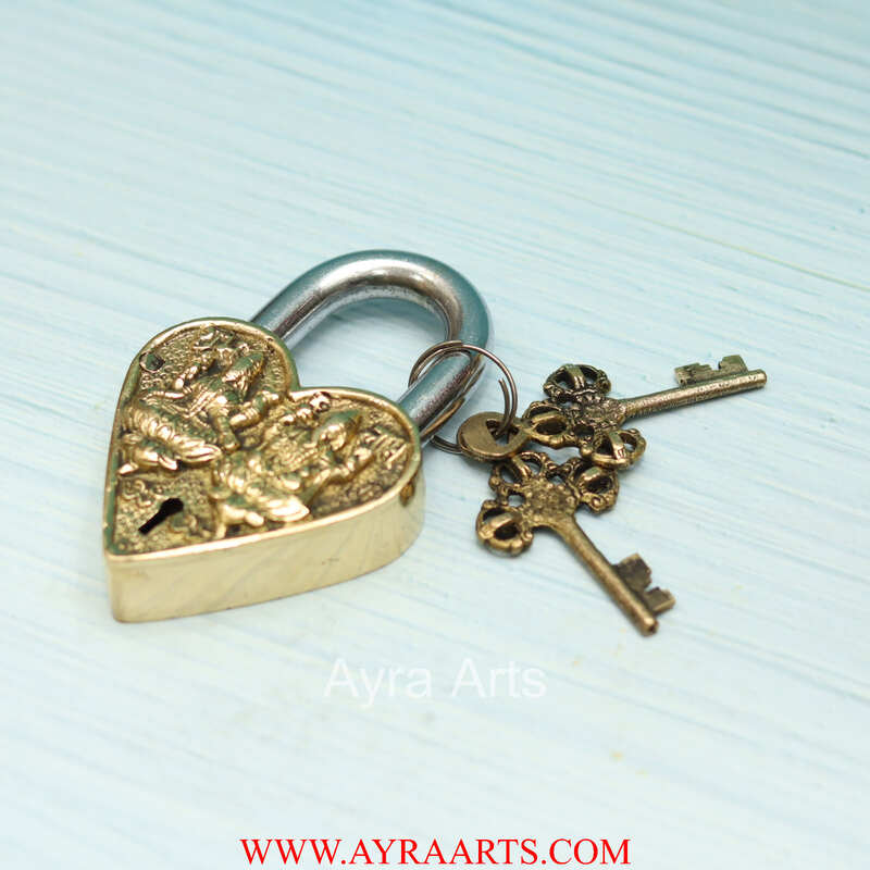 Subh Labh Brass Lakshmi Ganesh Door Lock in Heart Shape - 5 inch Height