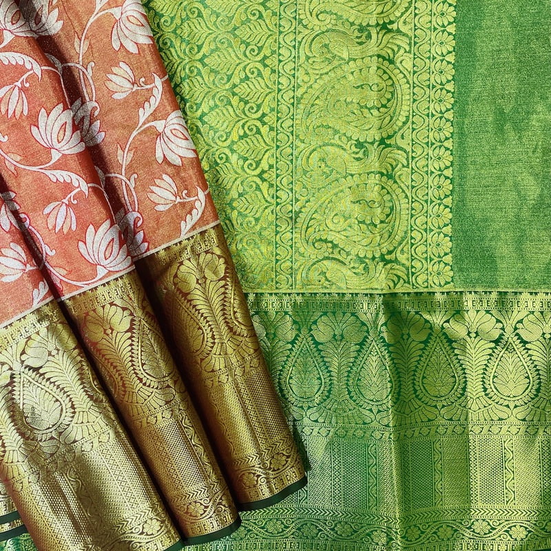 Coral Orange Kanchipuram with Gemstone Green