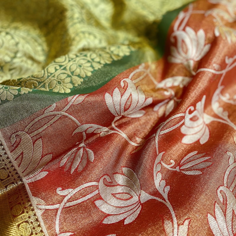 Coral Orange Kanchipuram with Gemstone Green