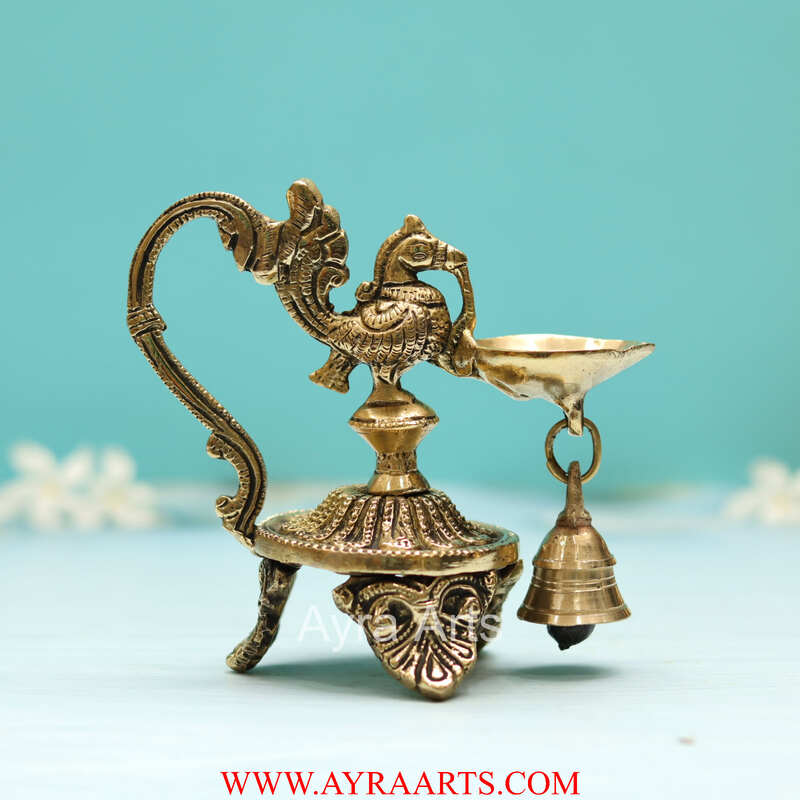 Brass Peacock Diya With Bell - 5 Inch Height
