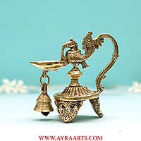 Brass Peacock Diya With Bell - 5 Inch Height