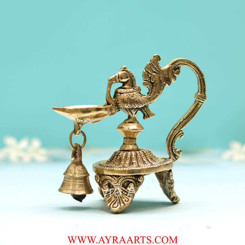 Brass Peacock Diya With Bell - 5 Inch Height