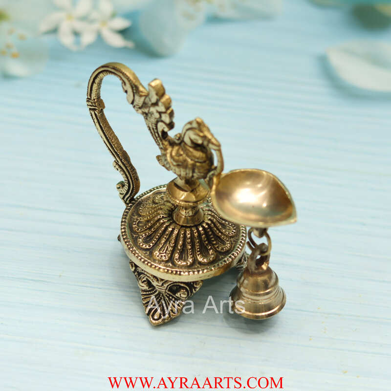Brass Peacock Diya With Bell - 5 Inch Height