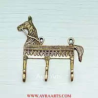 Dhokra Art Horse Design Khunti Brass Wall Keychain Or Clothes Hanger - 5.5 Inch Length