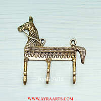 Dhokra Art Horse Design Khunti Brass Wall Keychain Or Clothes Hanger - 5.5 Inch Length