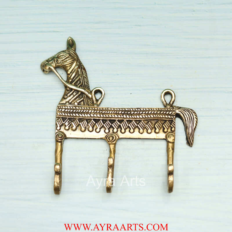 Dhokra Art Horse Design Khunti Brass Wall Keychain Or Clothes Hanger - 5.5 Inch Length