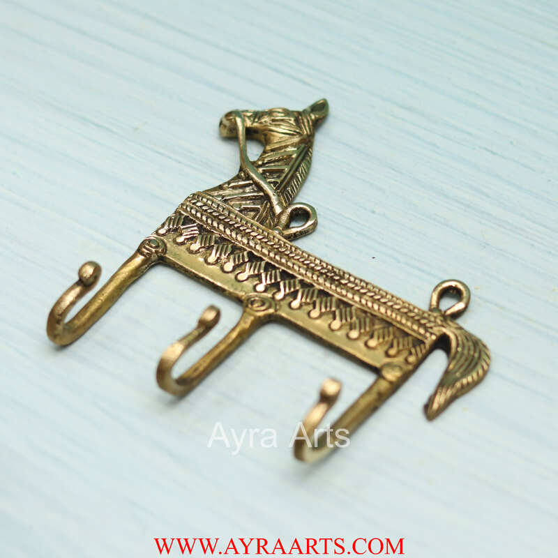 Dhokra Art Horse Design Khunti Brass Wall Keychain Or Clothes Hanger - 5.5 Inch Length