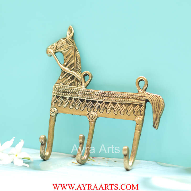 Dhokra Art Horse Design Khunti Brass Wall Keychain Or Clothes Hanger - 5.5 Inch Length