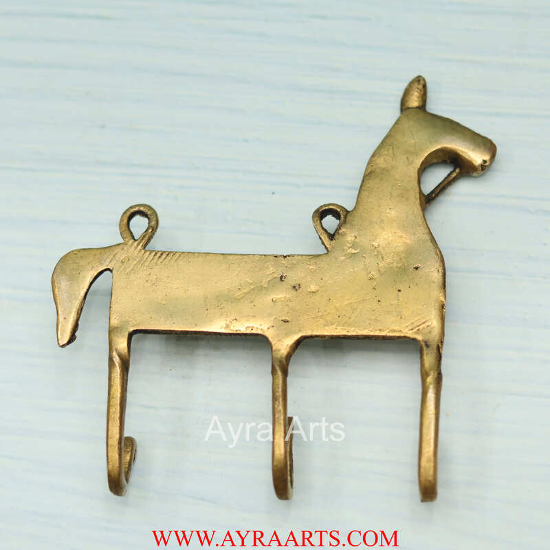 Dhokra Art Horse Design Khunti Brass Wall Keychain Or Clothes Hanger - 5.5 Inch Length