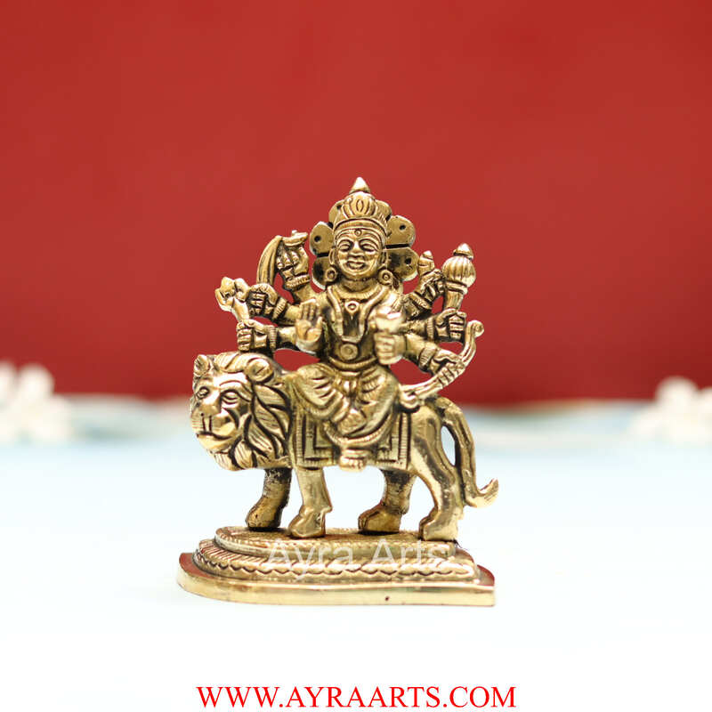Handcrafted Goddess Durga idol in Pure Brass Devi Maa Sitting On The Lion - 4 Inch Height