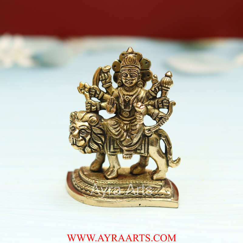 Handcrafted Goddess Durga idol in Pure Brass Devi Maa Sitting On The Lion - 4 Inch Height