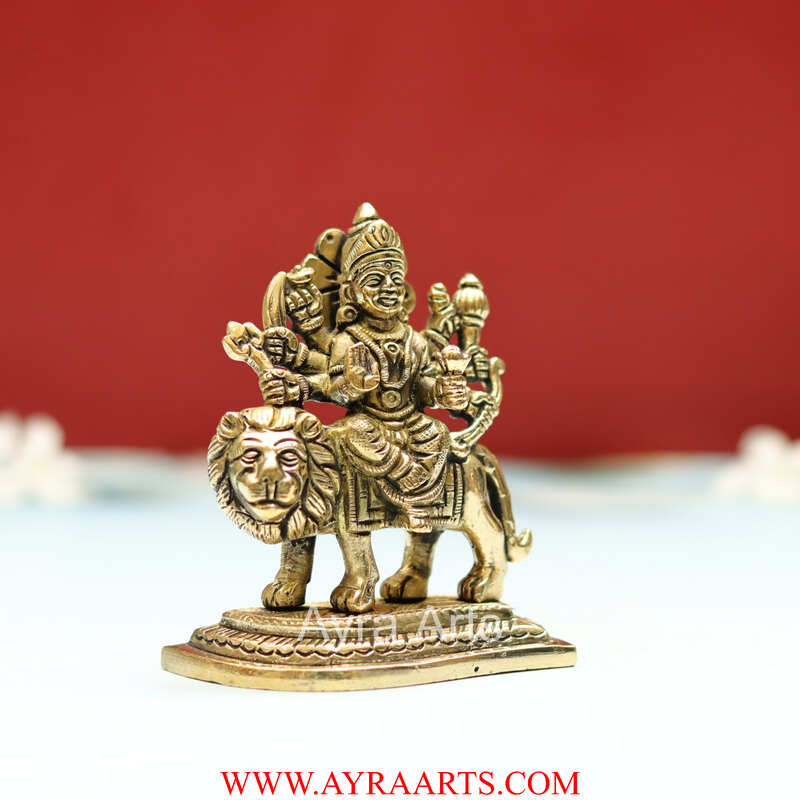 Handcrafted Goddess Durga idol in Pure Brass Devi Maa Sitting On The Lion - 4 Inch Height