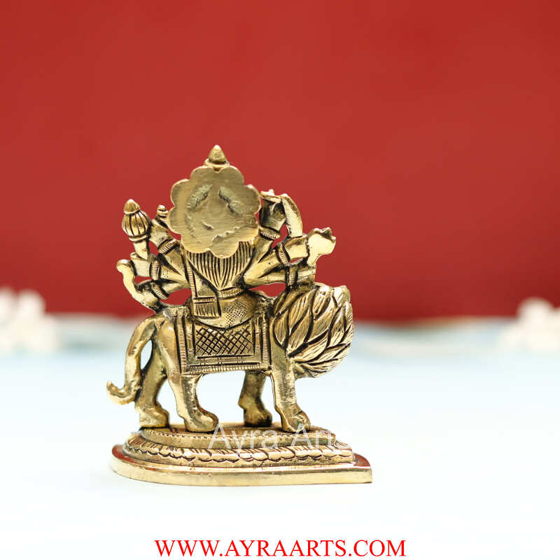 Handcrafted Goddess Durga idol in Pure Brass Devi Maa Sitting On The Lion - 4 Inch Height
