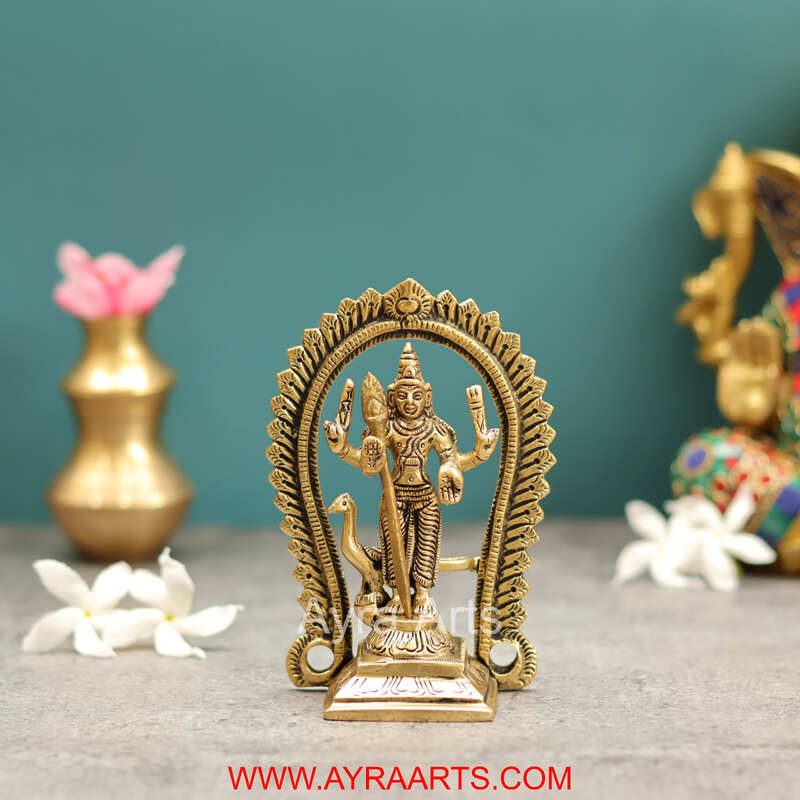 Brass Load Shanmukha Murugan Kumaraswamy Subramanya Swamy With Kirtimukha and Peacock - 5 Inch Height