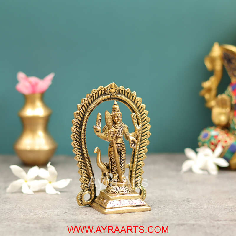 Brass Load Shanmukha Murugan Kumaraswamy Subramanya Swamy With Kirtimukha and Peacock - 5 Inch Height