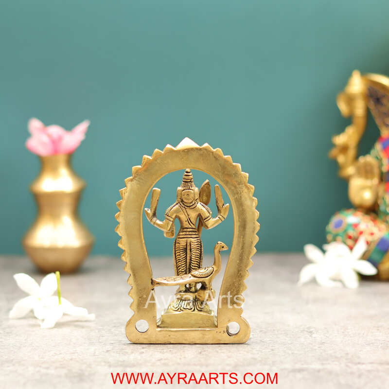 Brass Load Shanmukha Murugan Kumaraswamy Subramanya Swamy With Kirtimukha and Peacock - 5 Inch Height