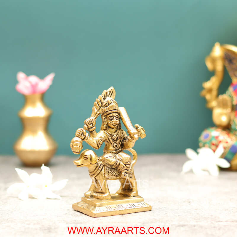 Brass Maha Kala Bhairava Idol with Dog Figurine Lord Shiva Avatar for Temple and Home - 5 Inch Height
