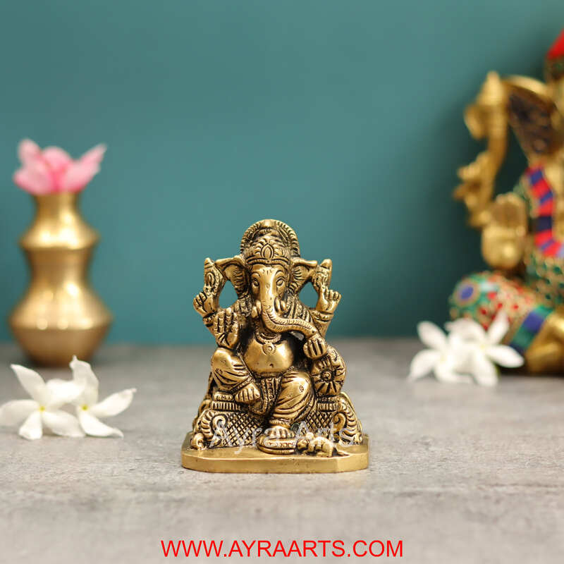Pure Brass Lord Ganesha on Throne Statue for Pooja Room or Gifting - 4 Inch Height