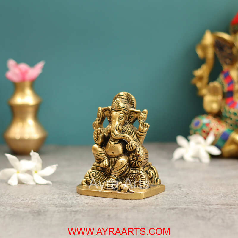 Pure Brass Lord Ganesha on Throne Statue for Pooja Room or Gifting - 4 Inch Height