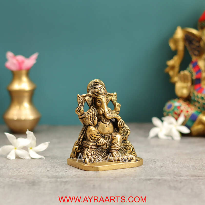 Pure Brass Lord Ganesha on Throne Statue for Pooja Room or Gifting - 4 Inch Height
