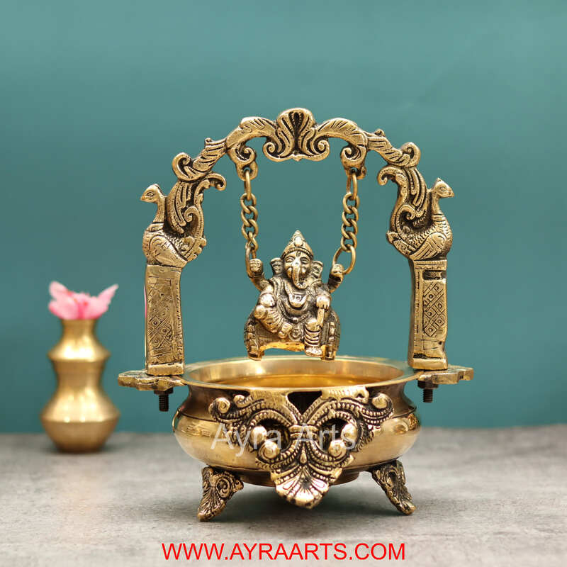 Brass Divine Ganesha Swinging on Urli Decorative Bowl for Pooja Home Decor - 9 Inch Height