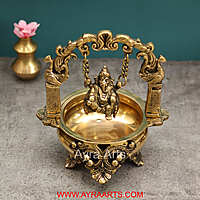 Brass Divine Ganesha Swinging on Urli Decorative Bowl for Pooja Home Decor - 9 Inch Height