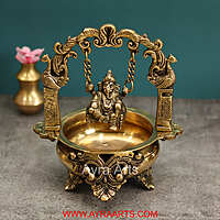 Brass Divine Ganesha Swinging on Urli Decorative Bowl for Pooja Home Decor - 9 Inch Height