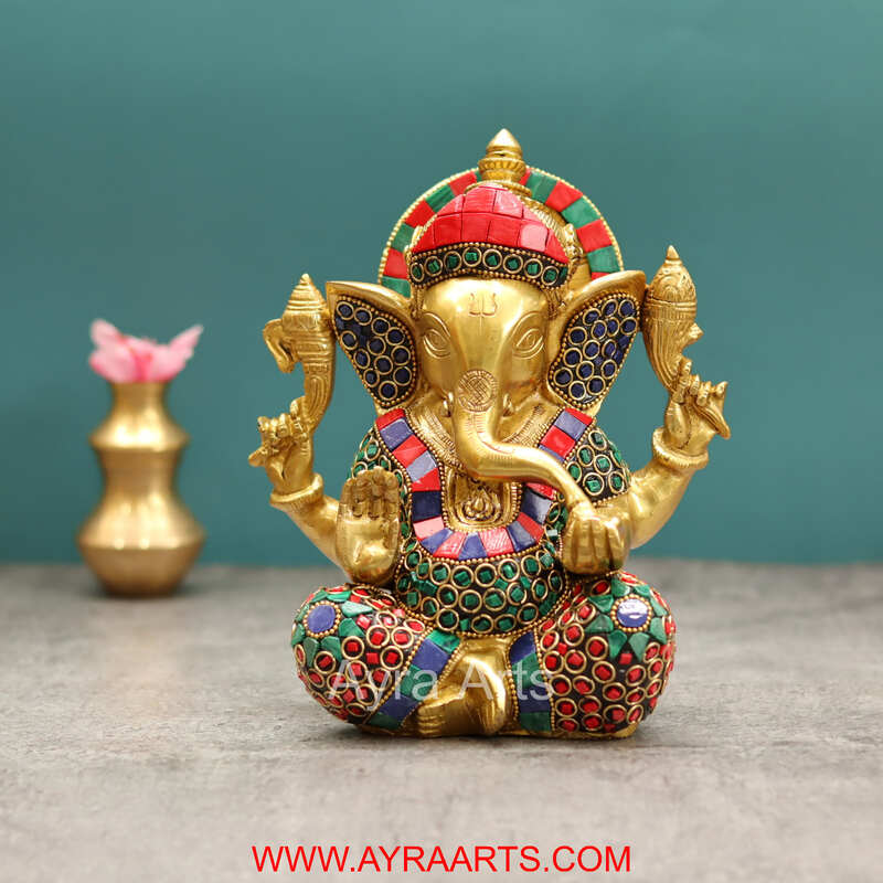Divine Ganesha Stone Work in Brass - 8 Inch Height