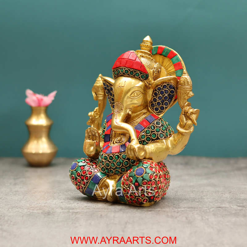Divine Ganesha Stone Work in Brass - 8 Inch Height