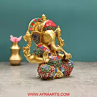 Divine Ganesha Stone Work in Brass - 8 Inch Height
