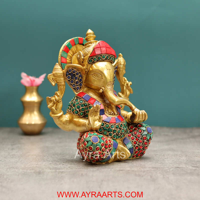 Divine Ganesha Stone Work in Brass - 8 Inch Height