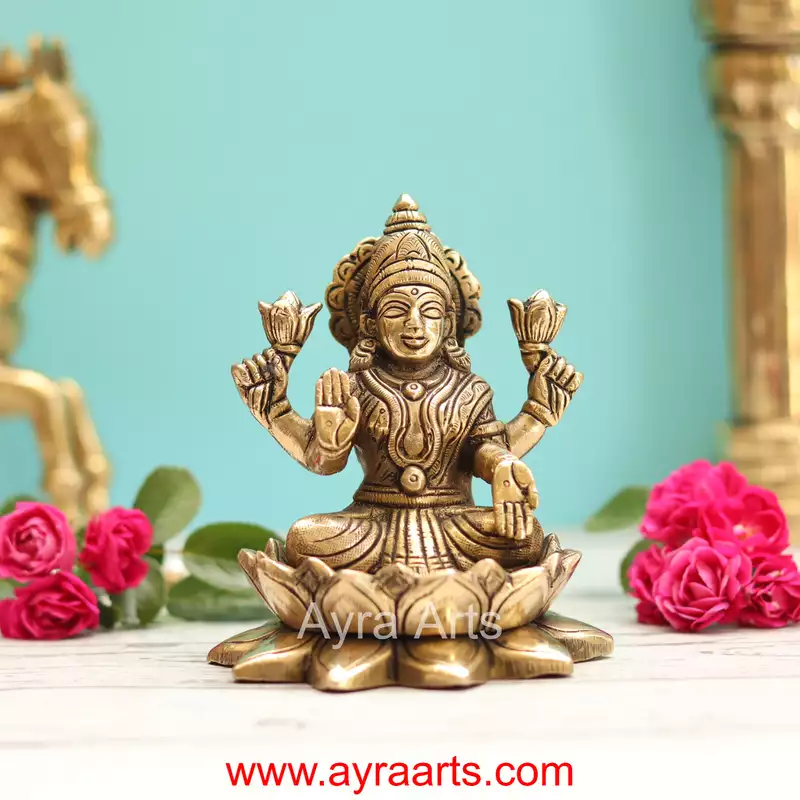Brass Lakshmi Devi Sitting On Lotus  - 5 Inch Height