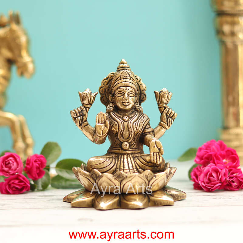 Brass Lakshmi Devi Sitting On Lotus  - 5 Inch Height