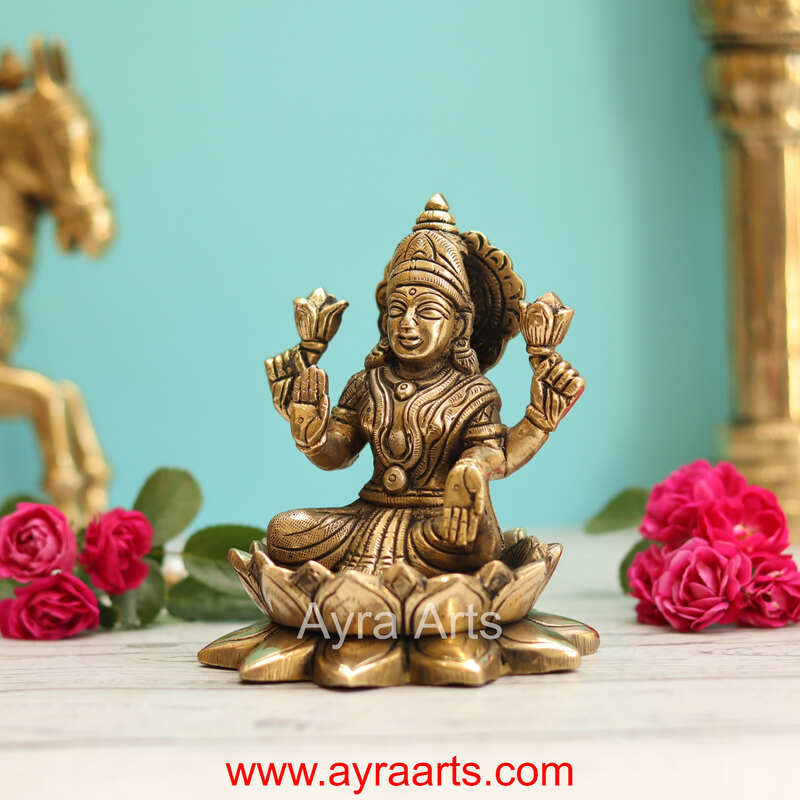 Brass Lakshmi Devi Sitting On Lotus  - 5 Inch Height